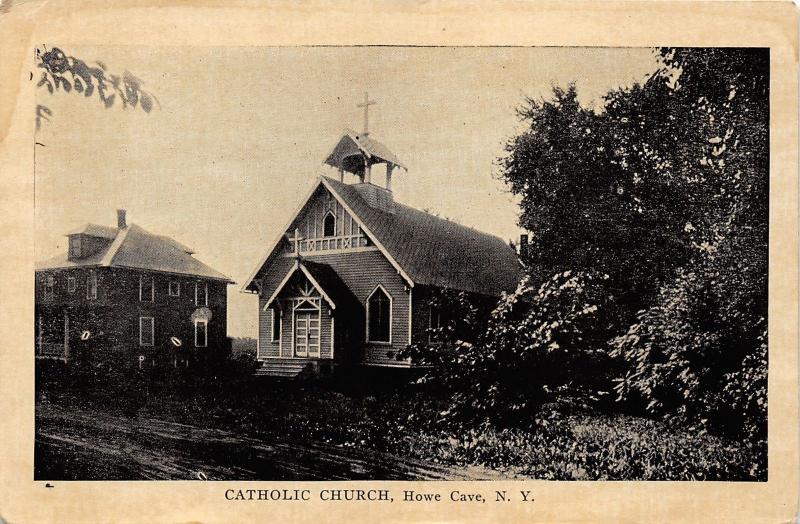 Cobleskill-Howe Cave New York~Catholic Church~House Next Door~c1920s PC