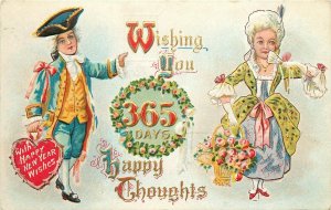 ML Jackson Embossed New Year Postcard Colonial Couple 365 Days of Happy Thoughts