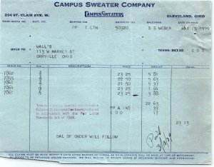 1939 CAMPUS SWEATER COMPANY CLEVELAND OH WALL'S ORRVILLE BILLHEAD INVOICE Z987