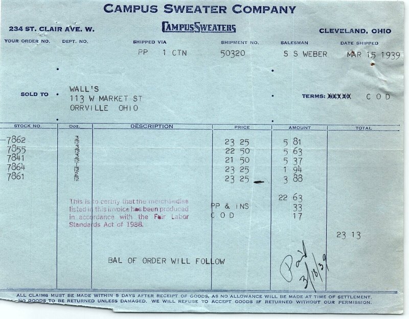 1939 CAMPUS SWEATER COMPANY CLEVELAND OH WALL'S ORRVILLE BILLHEAD INVOICE Z987