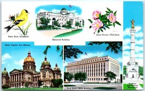 Postcard Iowa Landmarks Banner/Flag The Oak Tree Goldfinch & Wild Rose USA