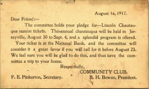 Lincoln Chautauqua Season Tickets Committee Club 1917 Illinois Postcard