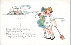 ARTS & CRAFTS  4th  Birthday GREETING  CUTE GIRLS, DOLL, Cake  1920   Postcard