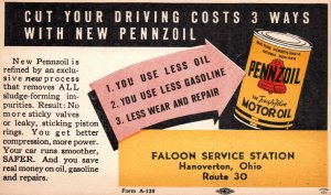 VINTAGE POSTCARD ADVERTISING PENNZOIL MOTOR OIL FALOON SERVICE STATION 1940s