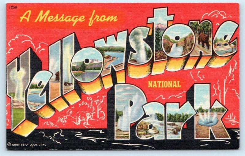 Large Letter Linen YELLOWSTONE NATIONAL PARK Curt Teich 1940s  Postcard