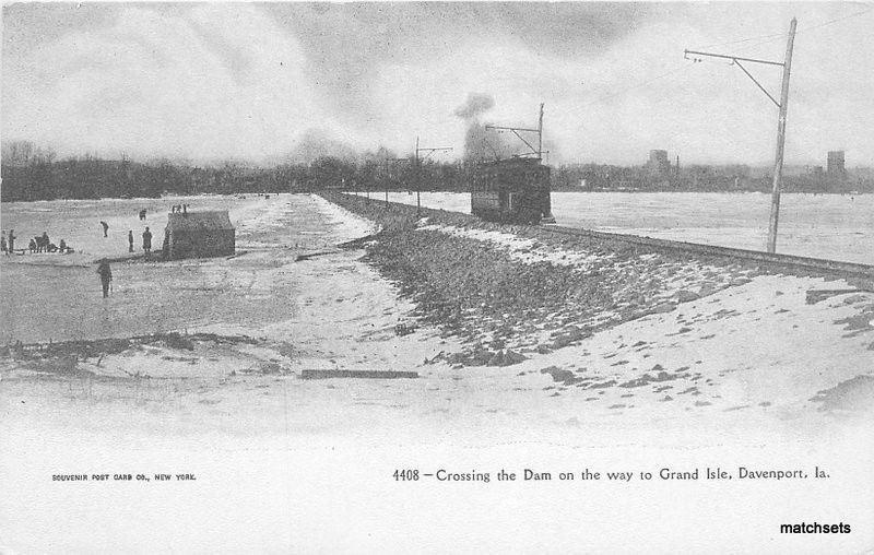C-1905 Crossing the Dam trolley Grand Isle DAVENPORT IOWA Postcard 12434