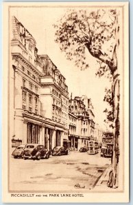 c1940s Piccadilly, Westminster London England Park Lane Hotel Art Sketch PC A273