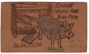 Leather, Pig Excuse Haste And Bad Pen The Dalles OR Vintage Postcard Z11