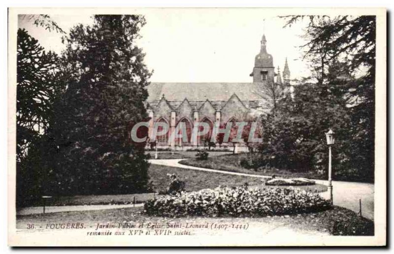 Old Postcard Fougeres Public Garden and Church of St. Leonard to newly composed