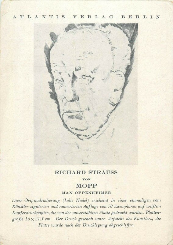 German artist etching postcard Mopp Max Oppenheimer portrait Richard Strauss