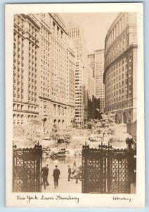 New York NY Postcard RPPC Photo Lower Broadway Cars Building c1940's Vintage