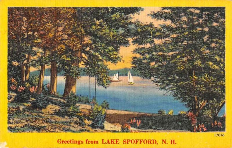 Lake Spofford New Hampshire Greetings From sailboats linen antique pc Z454692