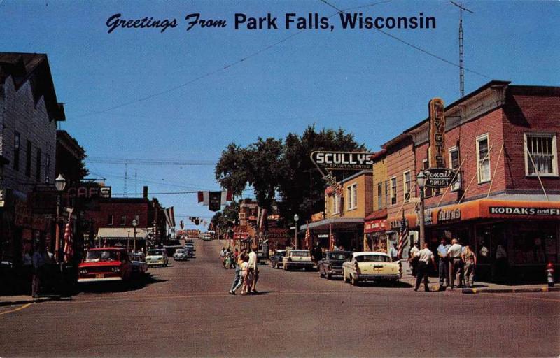 Park Falls Wisconsin Street Scene Store Fronts Vintage Postcard K82417