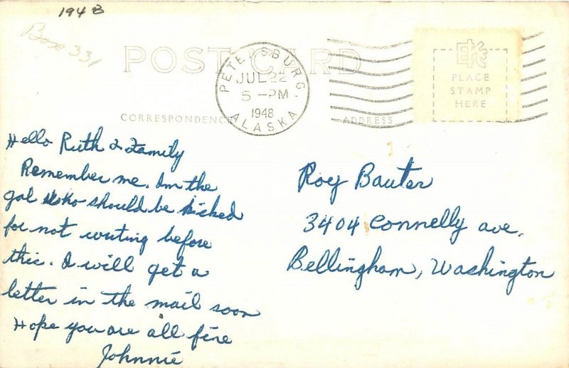 1948 Peterburg Alaska waterfront boats occupation Postcard RPPC 25-845