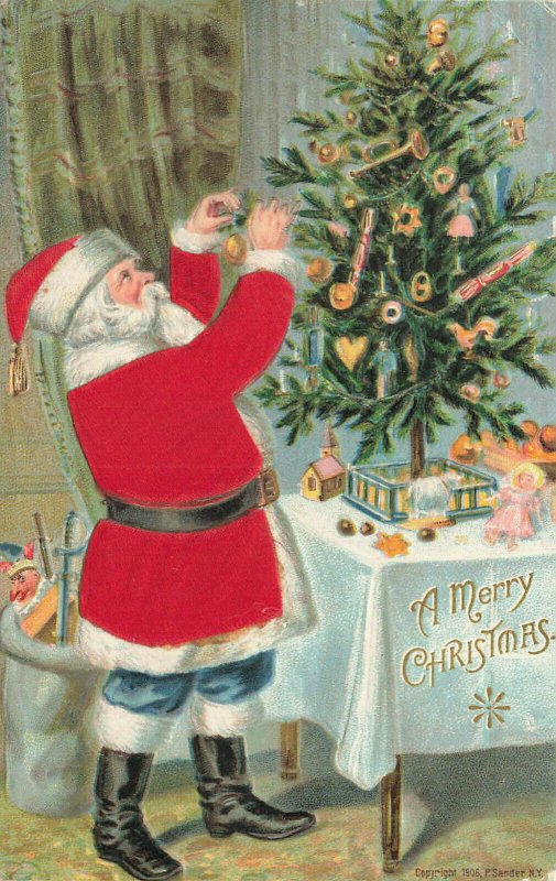 Merry Christmas Embossed Red Suited Santa Claus Decorating Tree Toys Postcard