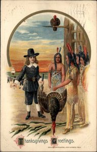 Winsch Thanksgiving Pilgrim Shares Turkey with American Indians c1910 PC