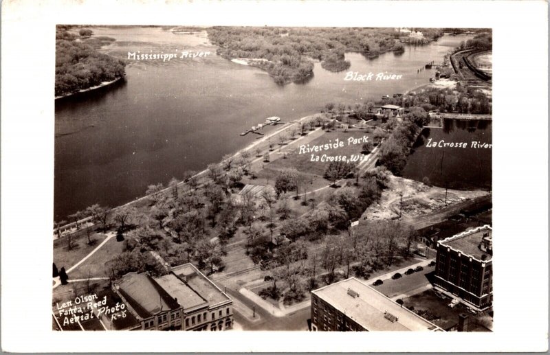 RPPC Aerial View Riverside Park Black River Misssissippi La Crosse, Wisconsin