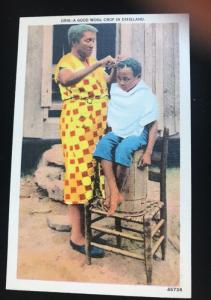 Black Americana~Comic Pun~A Good Wool Crop in Dixieland~Boy Gets Haircut~1940s