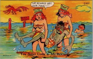 1950s Comic Risque PC-Two Sexy Lifeguards Saving Man-Come To Rescue-Walters JD3