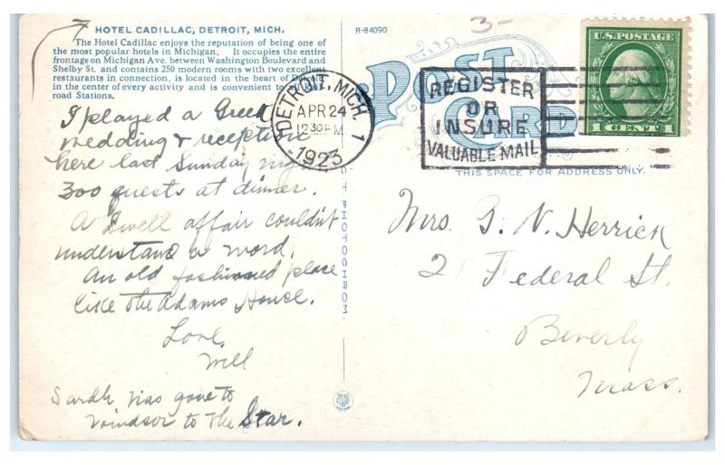 1923 Hotel Cadillac, Detroit, MI Postcard