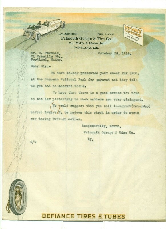 1918 Falmouth Garage & Tire Co. to Mr. D. Tarshis Letter Head LH1. 