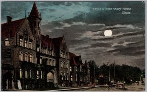 London Ontario Y.M.C.A. Public Library Night Moon Postcard H82