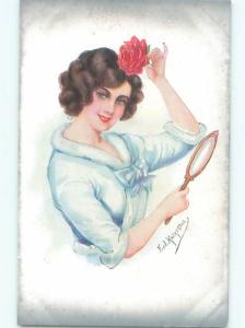 Pre-Linen Slight Risque Interest signed PICK UP ITS FLOWER INTO HER HAIR AB7911