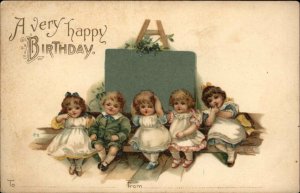 Birthday Int'l Art Children Sweet Little Girls and Boy Pre-1910 Vintage Postcard