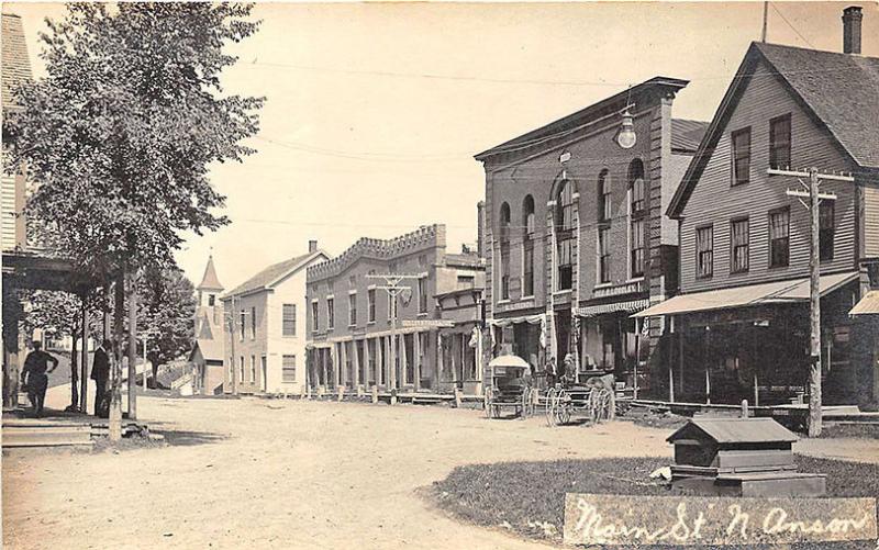 North Anson ME Main Street Store Fronts Horse & Wagons RPPC Postcard