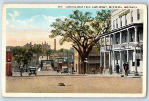 Jefferson Wisconsin Postcard Looking West Main Street Buildings Classic Car 1920