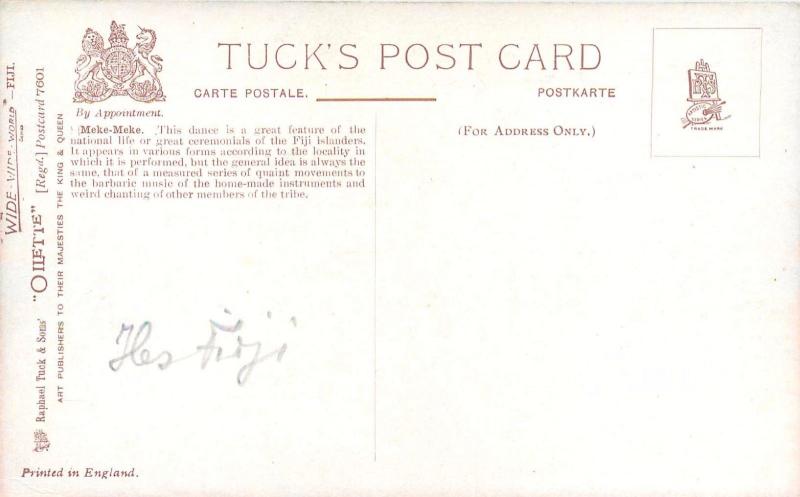 MEKE-MEKE National Dance FIJI Islands early/vintage Tuck's Art Oilette postcard