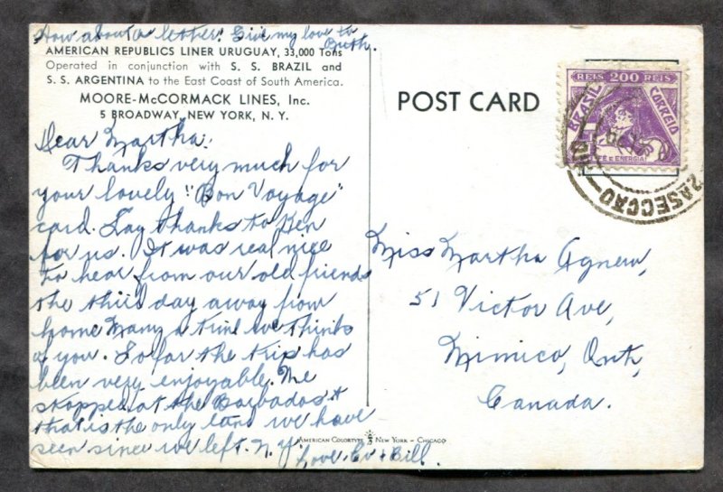 dc192 - Steamer SS URUGUAY 1920s Posted from Brazil. Postcard
