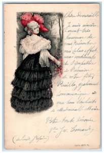 1902 Pretty Woman Big Red Hat With Flowers Basket Liege Belgium Antique Postcard