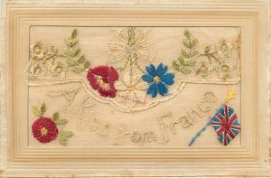 Embroidered flowers & flag France allies patriotic greetings vintage postcard