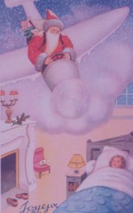 Santa Claus Flys Aeroplane Child Old World Antique Vintage Christmas Postcard