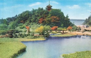 Vintage San-Kei-En Garden Japan Pagoda Pond Landscape Postcard Yokohama