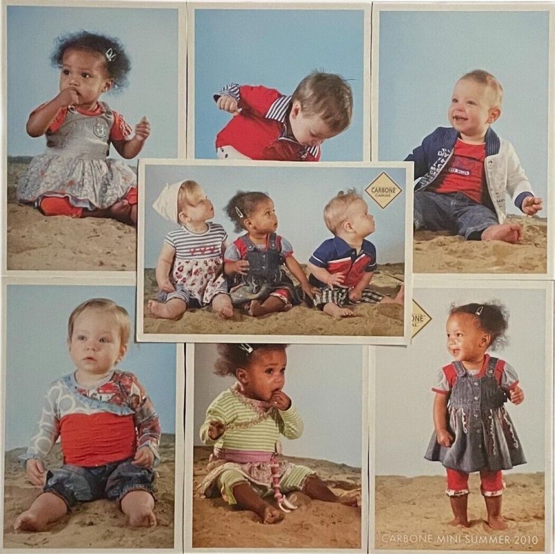 Lot 7 kids casual Carbone baby clothes advertising double sided pictorial cards 