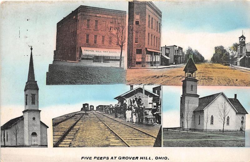 F6/ Grover Hill Ohio Postcard c1910 Five Peeps View Store Railroad Depot