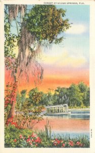 Silver Springs Florida Glass Bottom Boat, Sunset Linen Postcard Unused