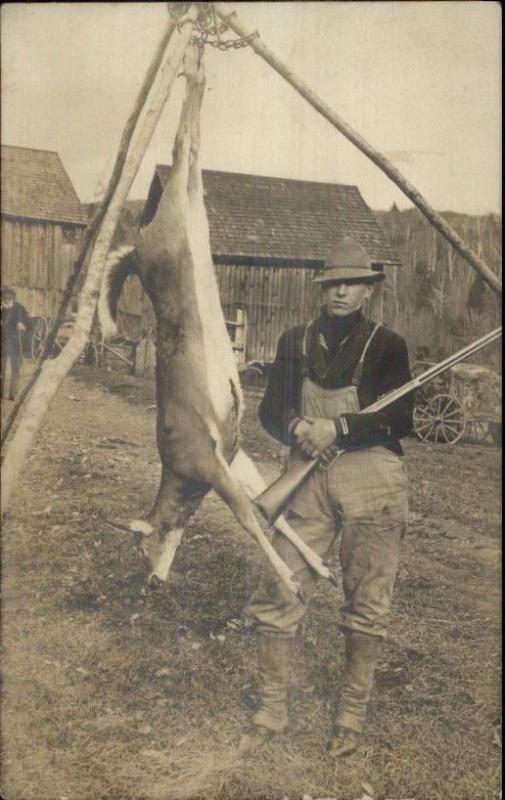 Fine Photography - Hunter w/ Cocked Hat Overalls Shotgun Dead Deer c1910 dcn