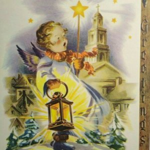 Angel Wings Holds Lantern Christmas Greeting Card Vintage Mid Century Mod
