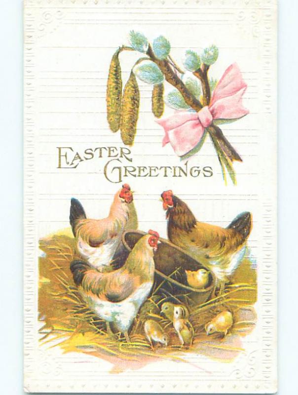 Pre-Linen easter CHICKS WITH WOODEN BASKET AND PUSSYWILLOW k2310