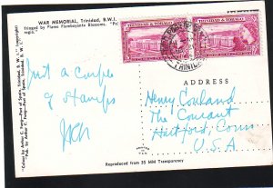 P1590 vintage used postcard war memorial trinidad B.W.I. 2 queen stamps