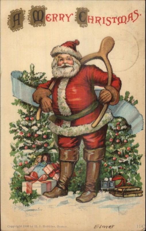 Christmas - Santa Claus w/ Giant Wishbone c1910 Postcard