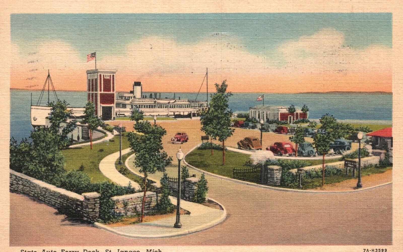 Vintage Postcard 1940's State Auto Ferry Dock Blue Waters St. Ignace