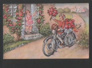 3119321 Boy as POSTMAN w/ flowers on MOTORCYCLE Vintage PC