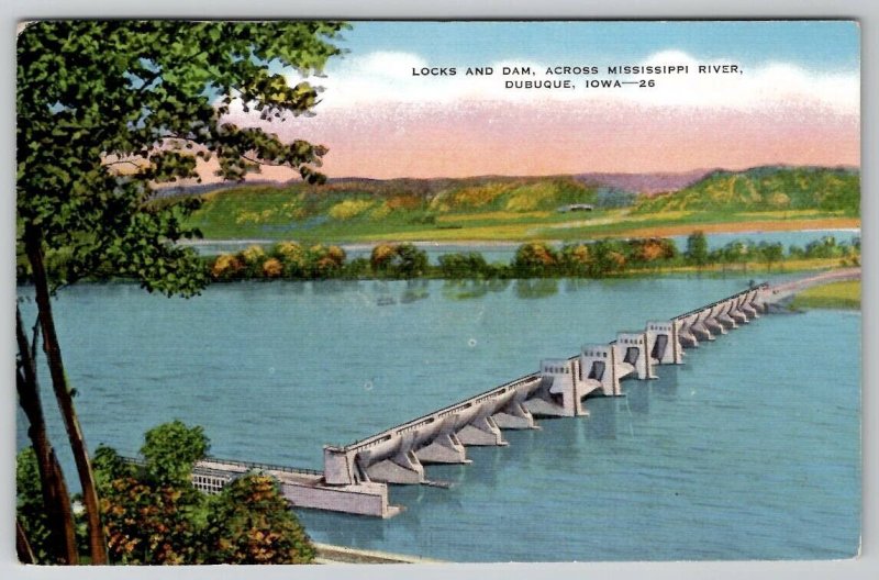 Dubuque Iowa Locks and Dam Across Mississippi River Postcard D29