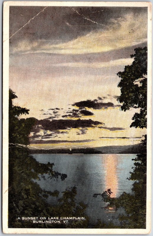 1915 A Sunset On Lake Champlain Burlington Vermont Nature View Posted Postcard