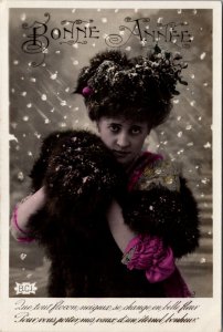 Hand Colored Real Photo Postcard Portrait of Woman In Snow Bonne Annee New Year