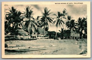 Postcard Philippines c1940s Native Houses of Nipa Bamboo Huts Bahay Kubo Coconut